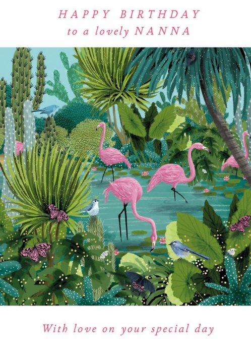 Illustrative Tropical Flora and Fauna Flamingo scene 