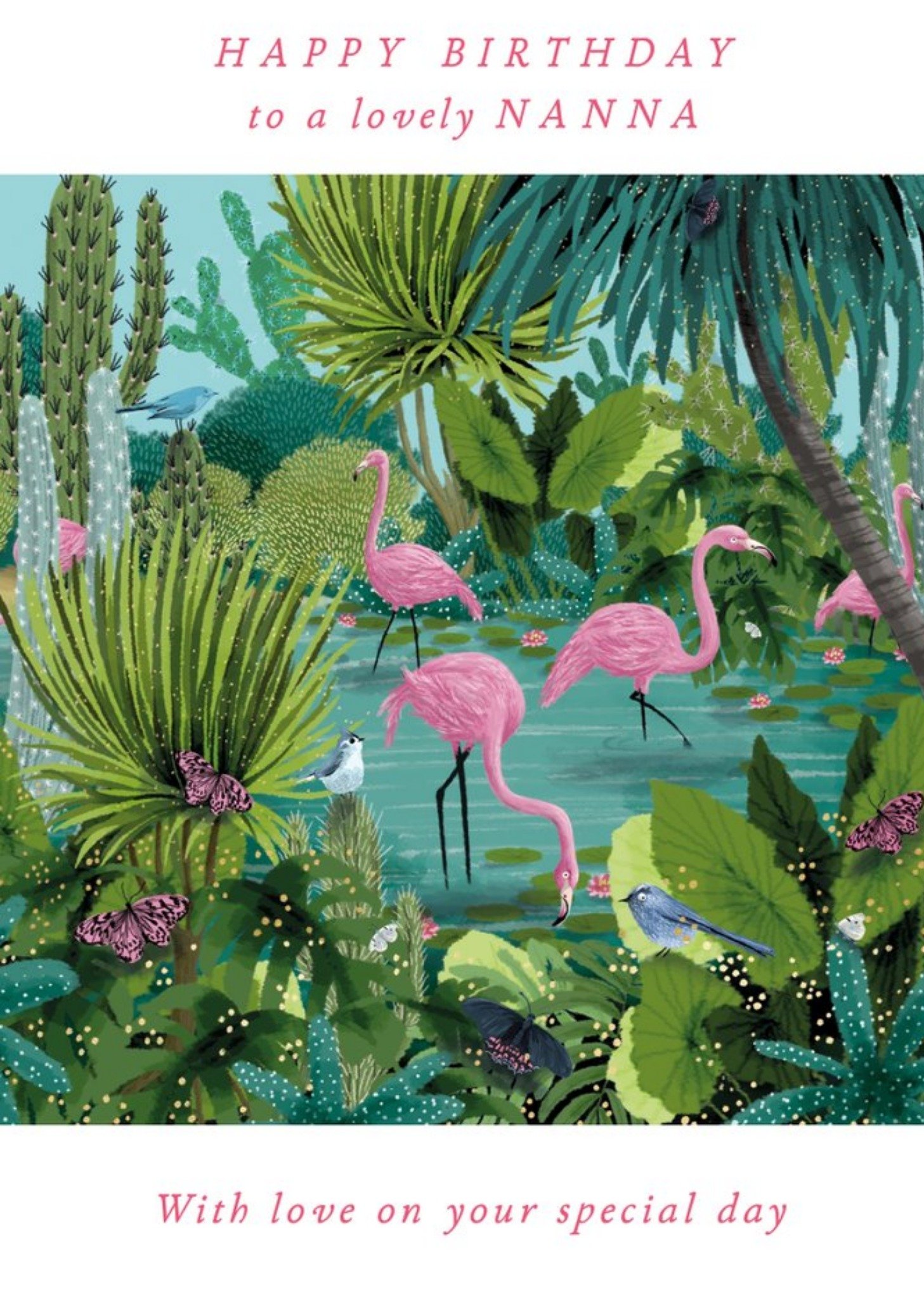 Moonpig Illustrative Tropical Flora And Fauna Flamingo Scene Ecard