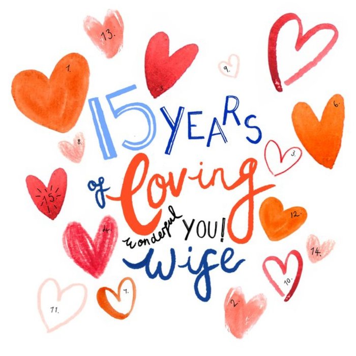Katie Hickey Illustrated 15th Anniversary Wife Love Hearts Card