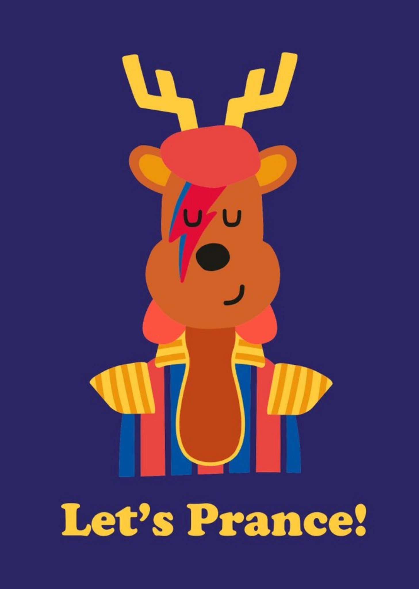Moonpig Illustration Of A Reindeer Dressed Like The King Of Glam Rock Let's Prance Christmas Card Ec