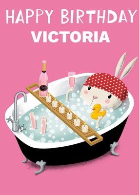Illustration Of A Rabbit Relaxing In A Bubble Bath Drinking Champagne Birthday Card