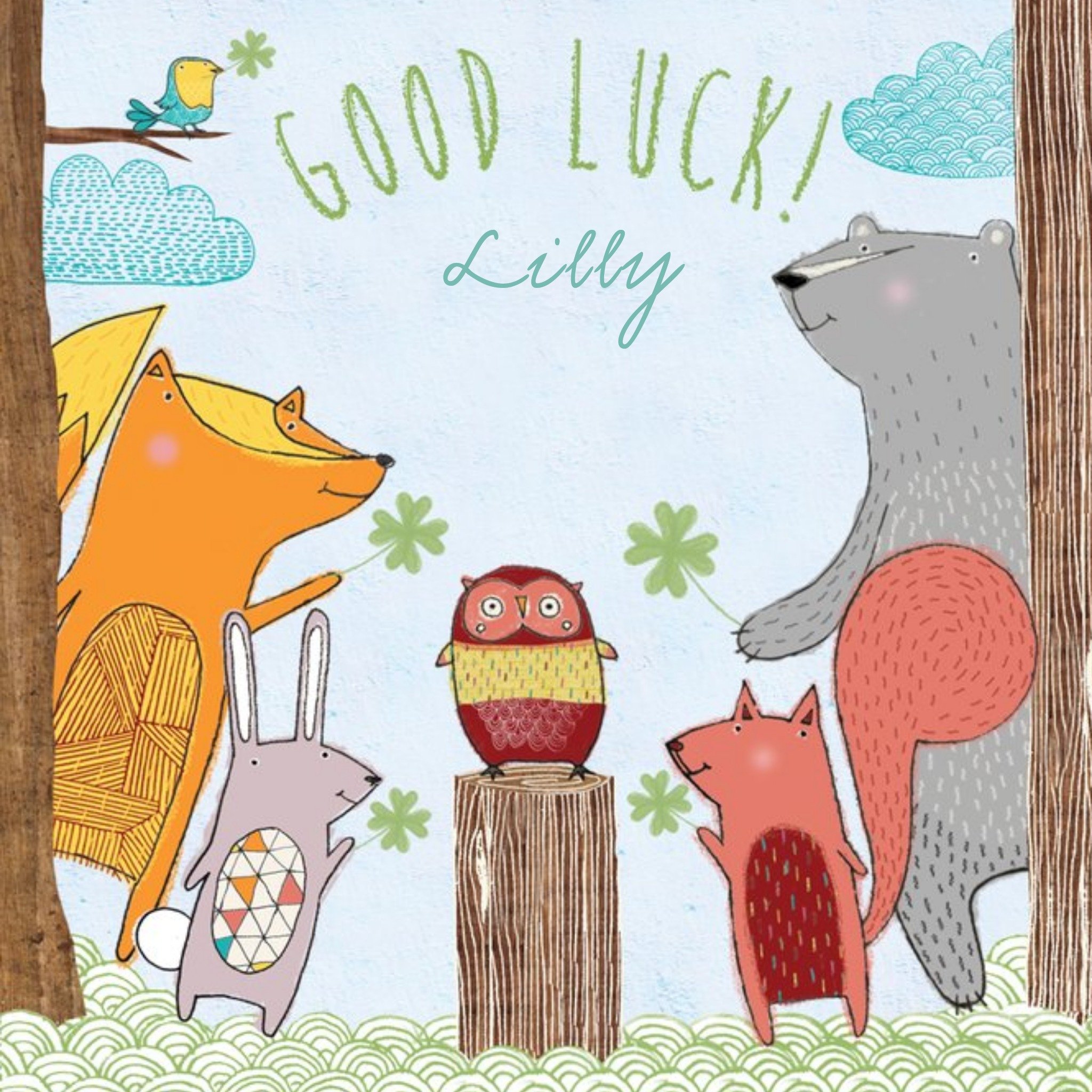 Woodland Four Leaf Clovers Personalised Good Luck Card, Square