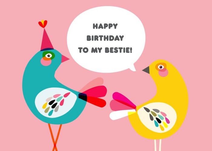 Pretty Yellow And Turquoise Birds Happy Birthday To My Bestie Card