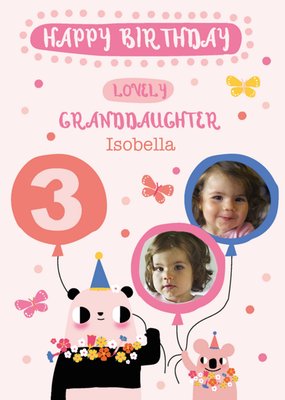 Pink Panda and Koala Third Birthday Granddaughter Photo Upload Card