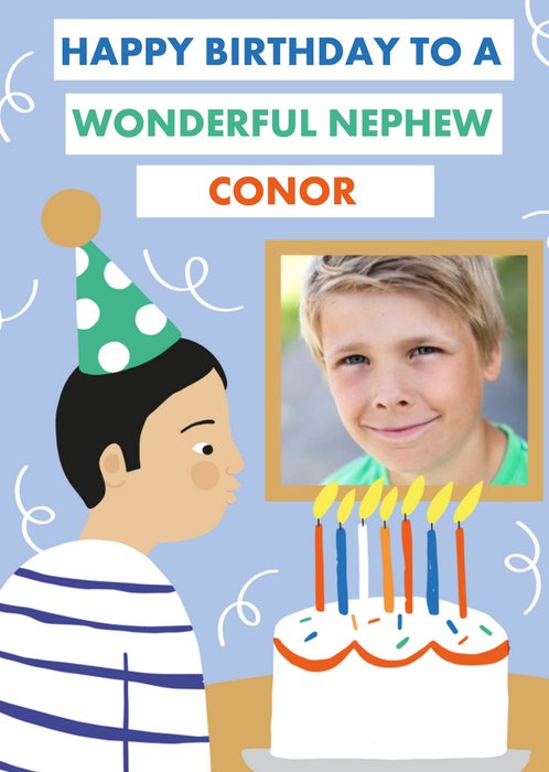 Illustrated Character blowing on a cake Nephew Photo Upload Birthday Card