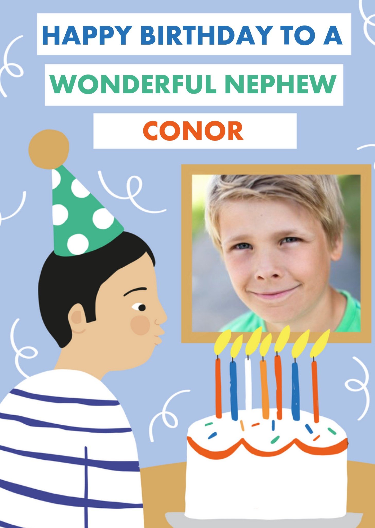 Illustrated Character Blowing On A Cake Nephew Photo Upload Birthday Card Ecard