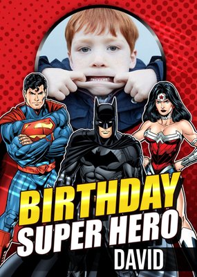 Justice League Birthday Super Hero photo upload card