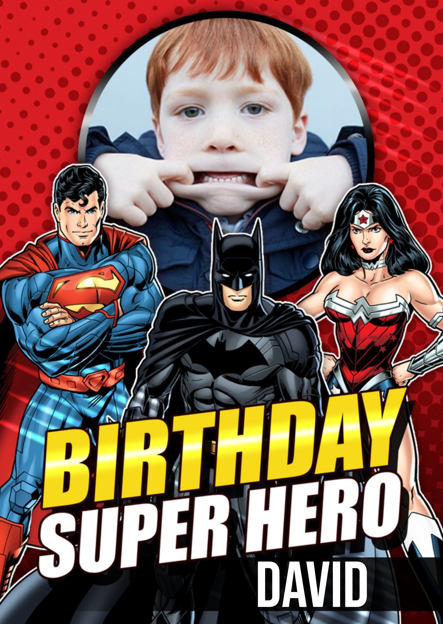 Moonpig Justice League Birthday Super Hero Photo Upload Card, Large