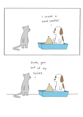 Modern Funny Illustration Cat And Dog Litter Tray Sand Castle Card