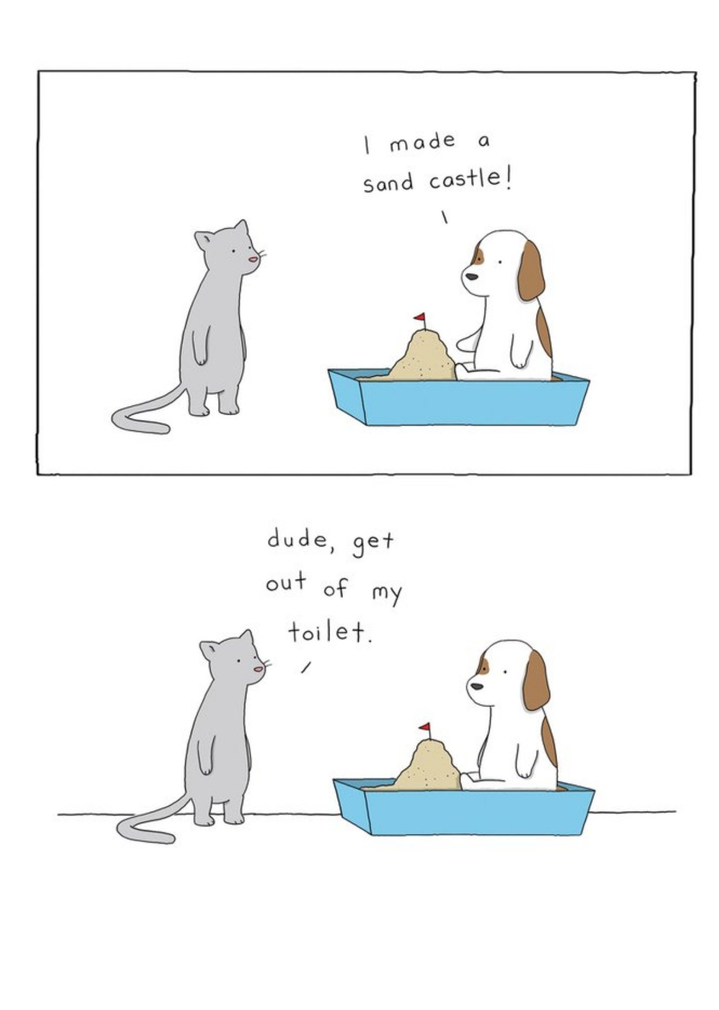 Modern Funny Illustration Cat And Dog Litter Tray Sand Castle Card Ecard