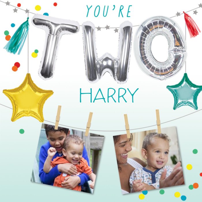 Party Themed Display Of Letter And Star Balloons With Two Photo Uploads 2nd Birthday Card