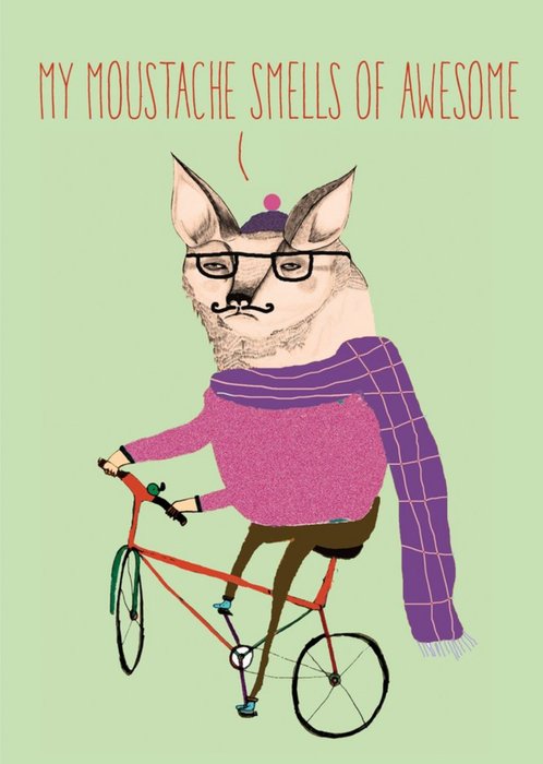 Funny Fox Riding Bike Moustache Smells Of Awesome Card