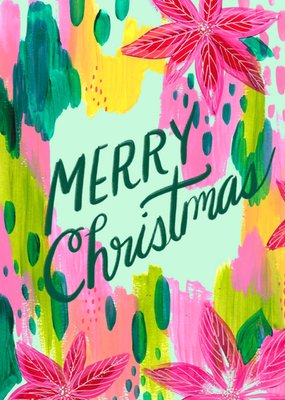 Colourful Hand-Painted Illustrated Flowers And Brush Strokes With Handwritten Typography Merry Christmas Card