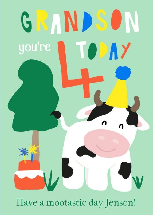 Cute Cow Illustration Grandson You're 4 Today Birthday Card