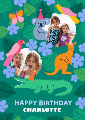 Circular Photo Frames Surrounded By Animals And Flowers Photo Upload Birthday Card
