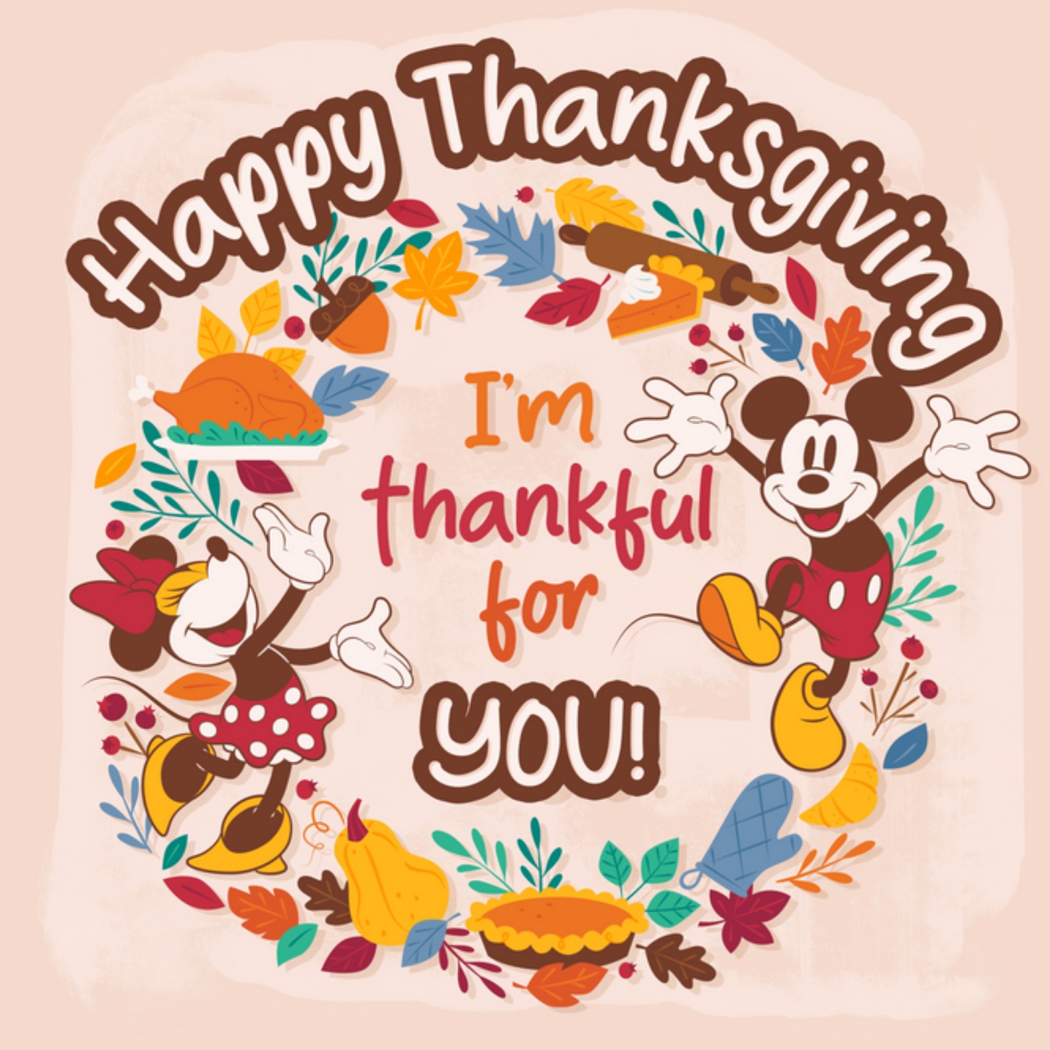 Mickey Mouse Disney Happy Thanksgiving Card, Square