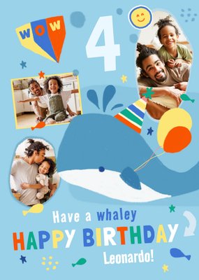 Wow 4th Birthday Party Balloons Whaley Illustration Photo Upload Card