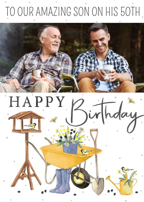 Amazing Son Illustrated Garden Themed 50th Photo Upload Birthday Card By Okey Dokey Design
