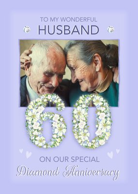 Floral Number Sixty Arrangement With Photo Frame Diamond Anniversary Photo Upload Card 