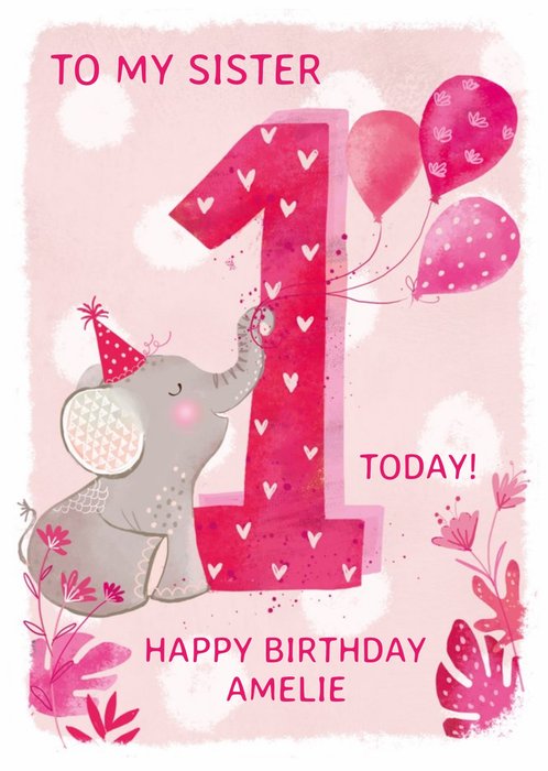 Party Elephant 1st Birthday Card For Sister