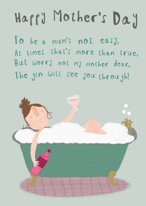 Illustration Of A Lady Drinking Gin While Enjoying A Bubble Bath Humourous Mother's Day Card
