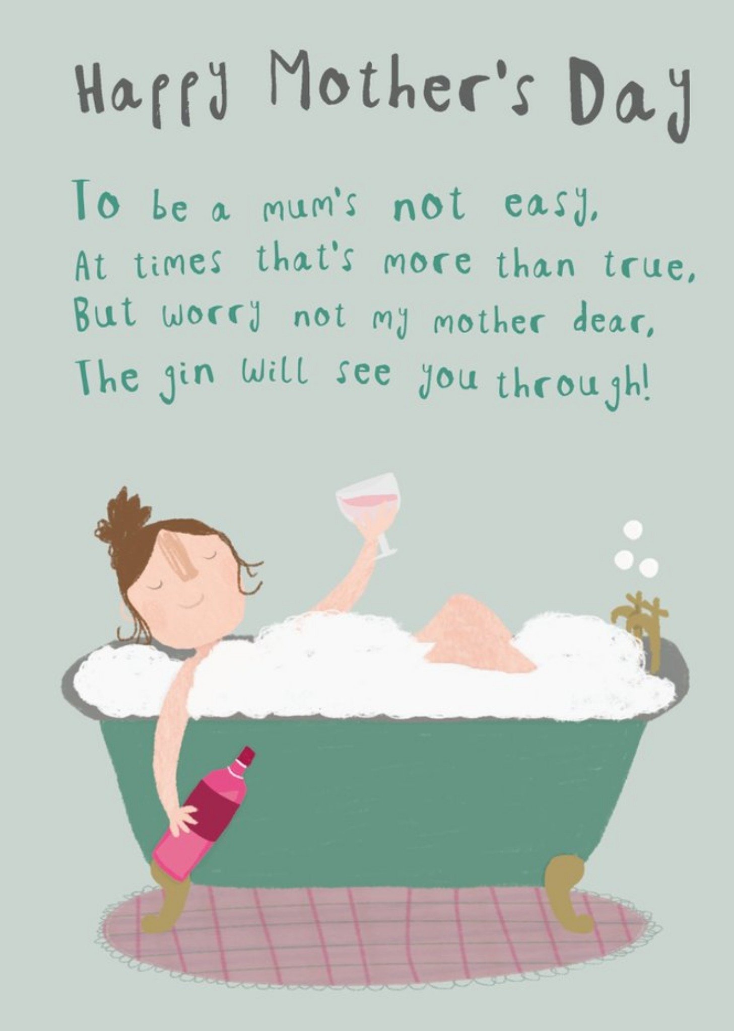 Illustration Of A Lady Drinking Gin While Enjoying A Bubble Bath Humourous Mother's Day Card Ecard