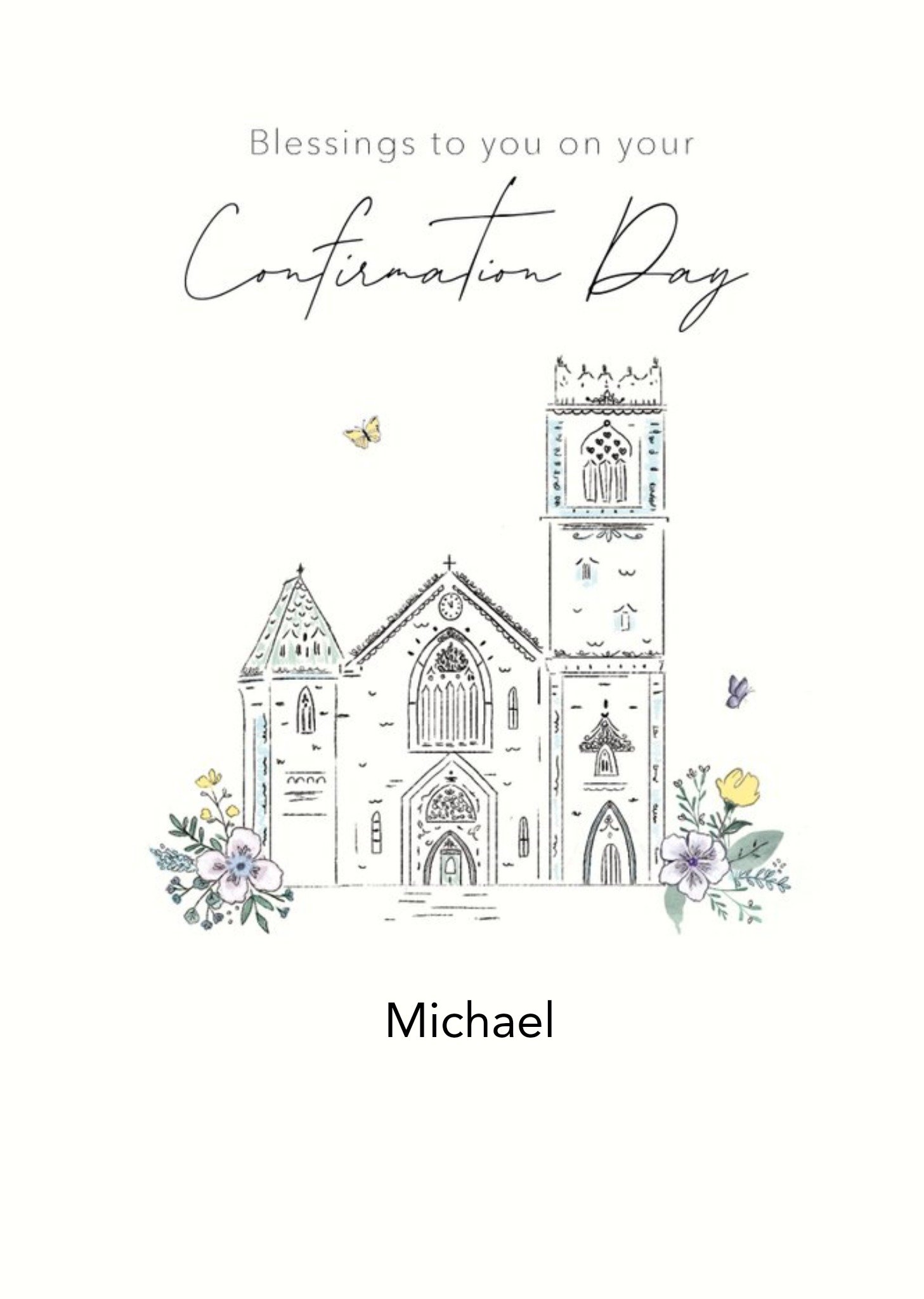 Moonpig Illustration Of A Church Surrounded By Flowers On A White Background Confirmation Card Ecard