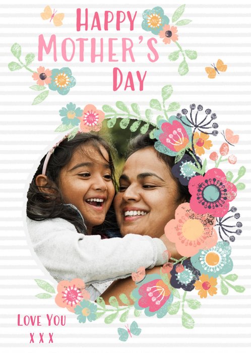 Pink Stripes And Bright Flowers Photo Upload Mother's Day Card