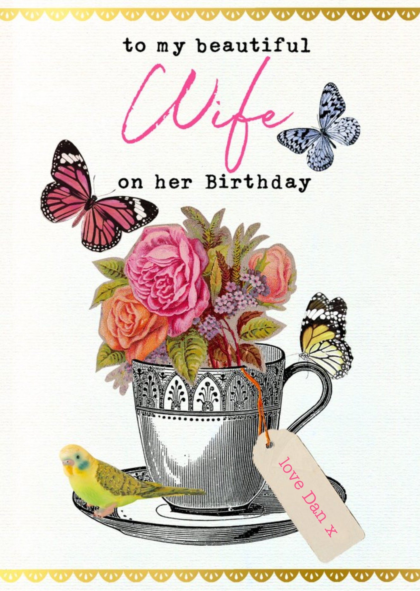 Moonpig Vintage Flowers Butterflies Traditional Happy Birthday Card For My Beautiful Wife, Large