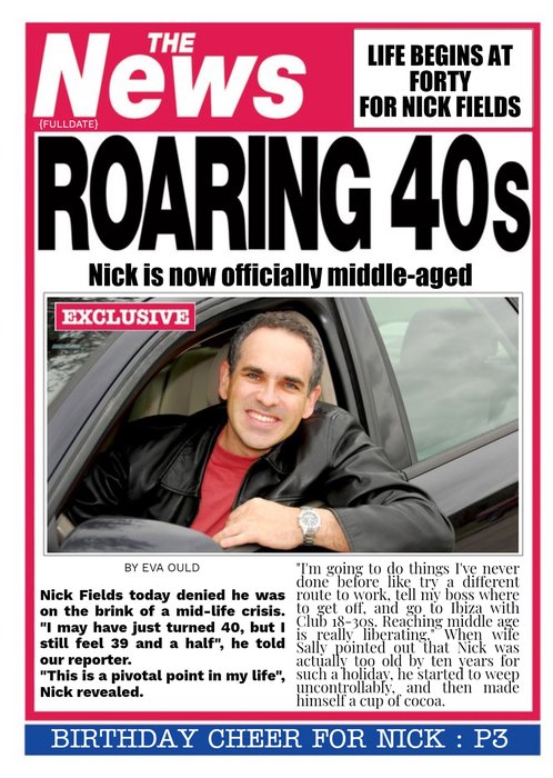 Newspaper Headline Roaring 40S Personalised Happy 40th Birthday Card