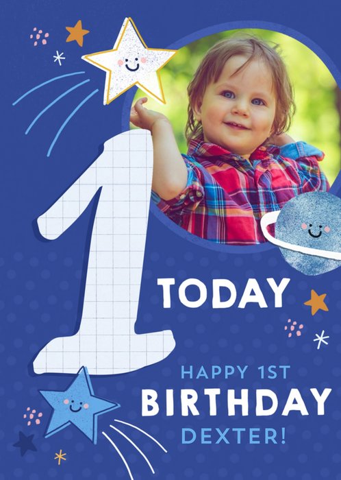 Cute Space Photo upload 1st Birthday Card