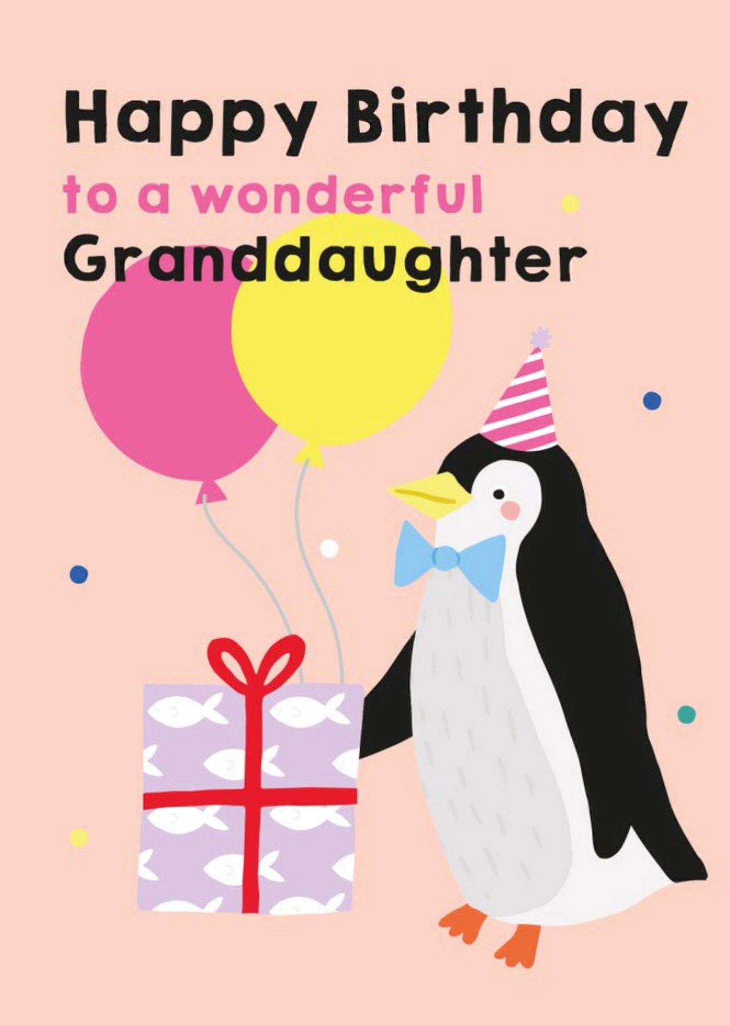 Moonpig Illustrated Cute Party Hat Penguin Happy Birthday To A Wonderful Granddaughter, Large Card