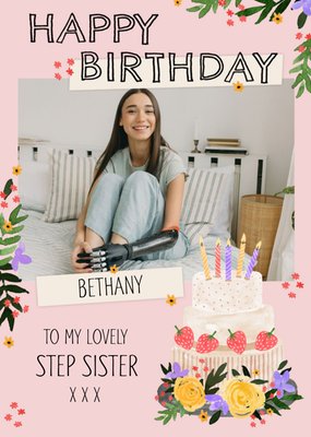 Cake Illustration Photo Upload Step Sister Birthday Card