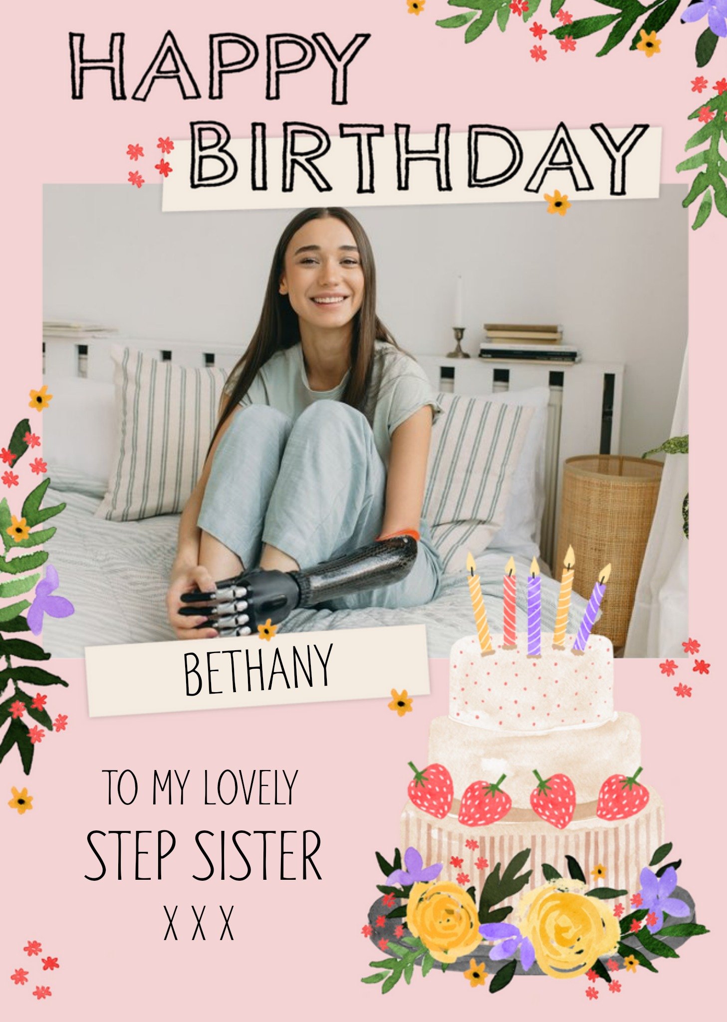 Okey Dokey Design Cake Illustration Photo Upload Step Sister Birthday Card, Large