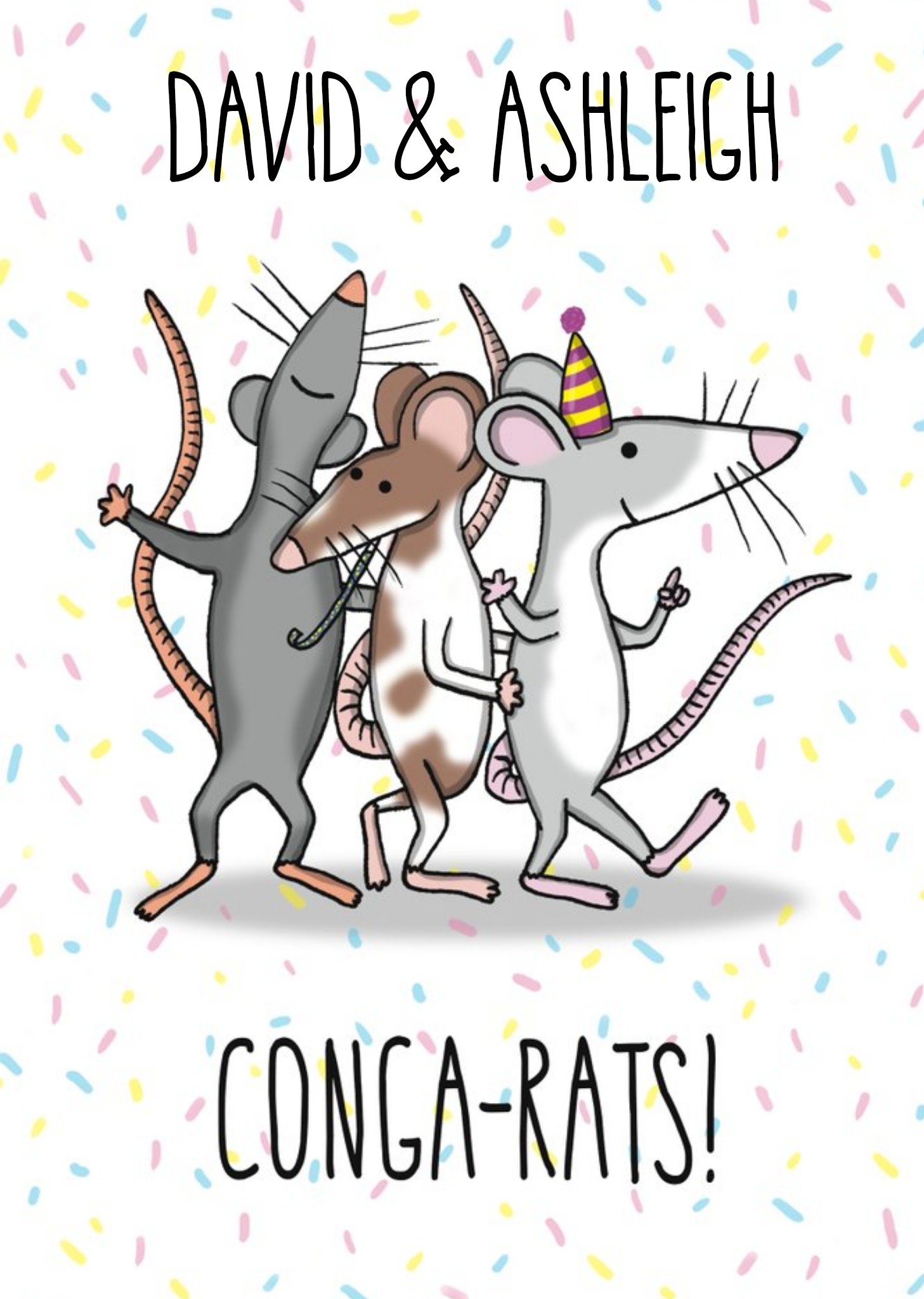 Moonpig Illustration Three Rats Doing The Conga Dance. Conga-Rats Congratulations Card, Large