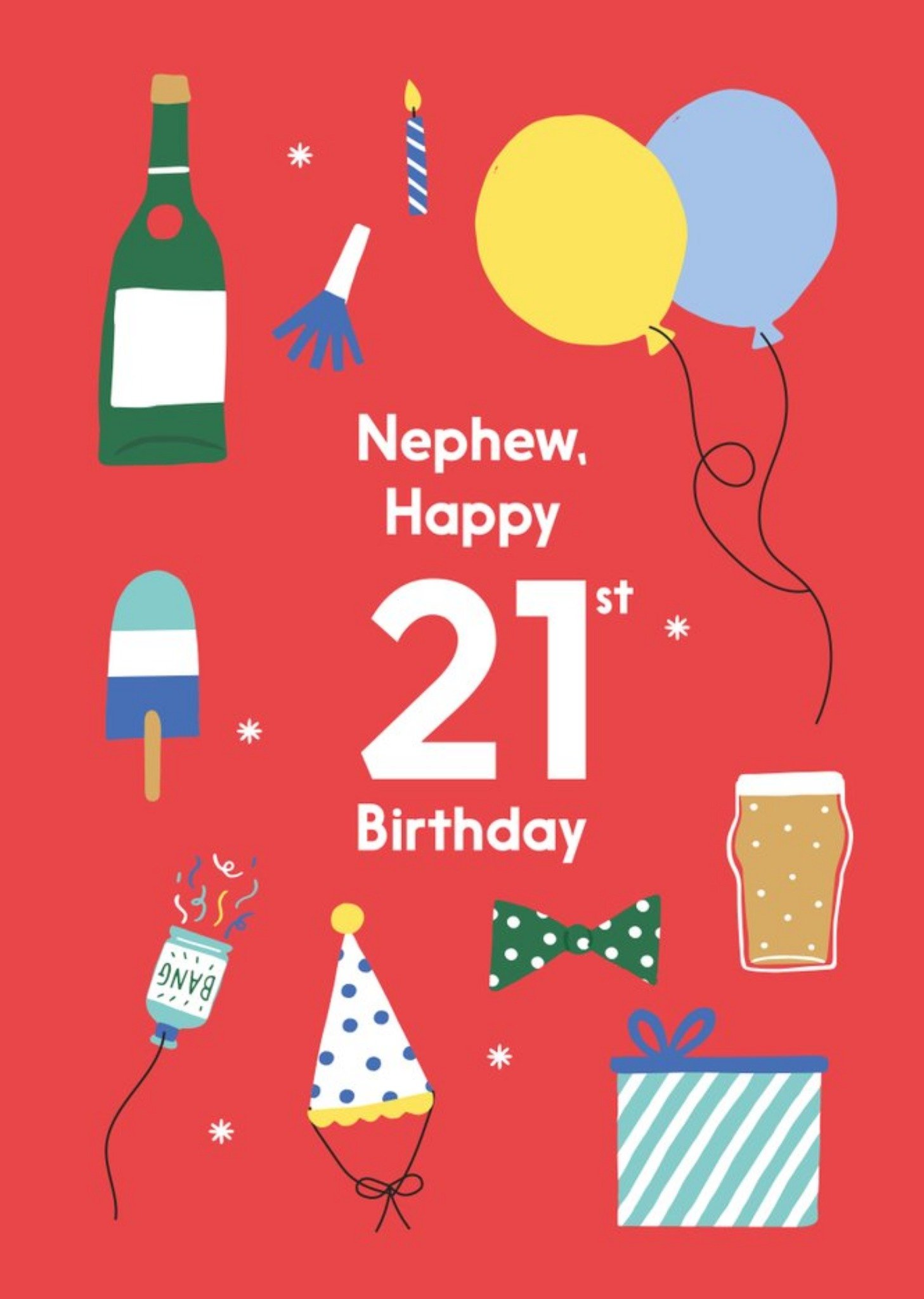 Moonpig Illustrated Cute Party Balloons Nephew Happy 21st Birthday Card Ecard