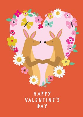 Bright Colourful Illustration Of Two Kangaroos In A Loveheart Happy Valentine's Day Card