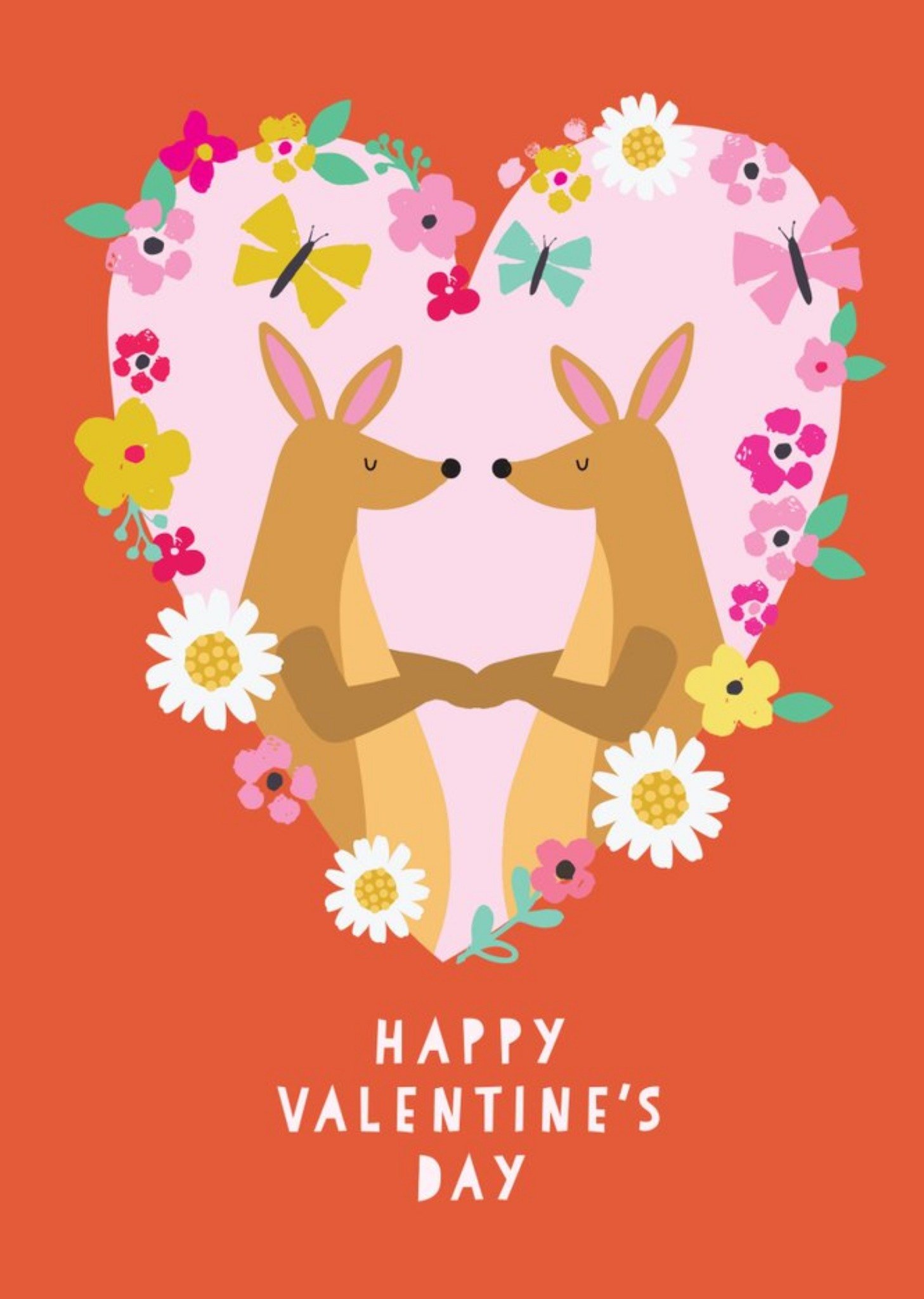 Bright Colourful Illustration Of Two Kangaroos In A Loveheart Happy Valentine's Day Card Ecard