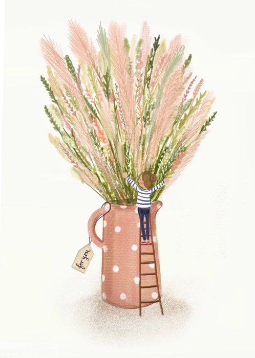 Illustration Of A Woman With An Oversized Vase Of Wild Grass Just To Say Card