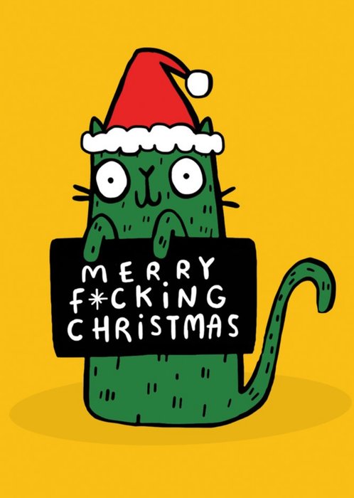 Green Cat Holding A Sign Christmas Card