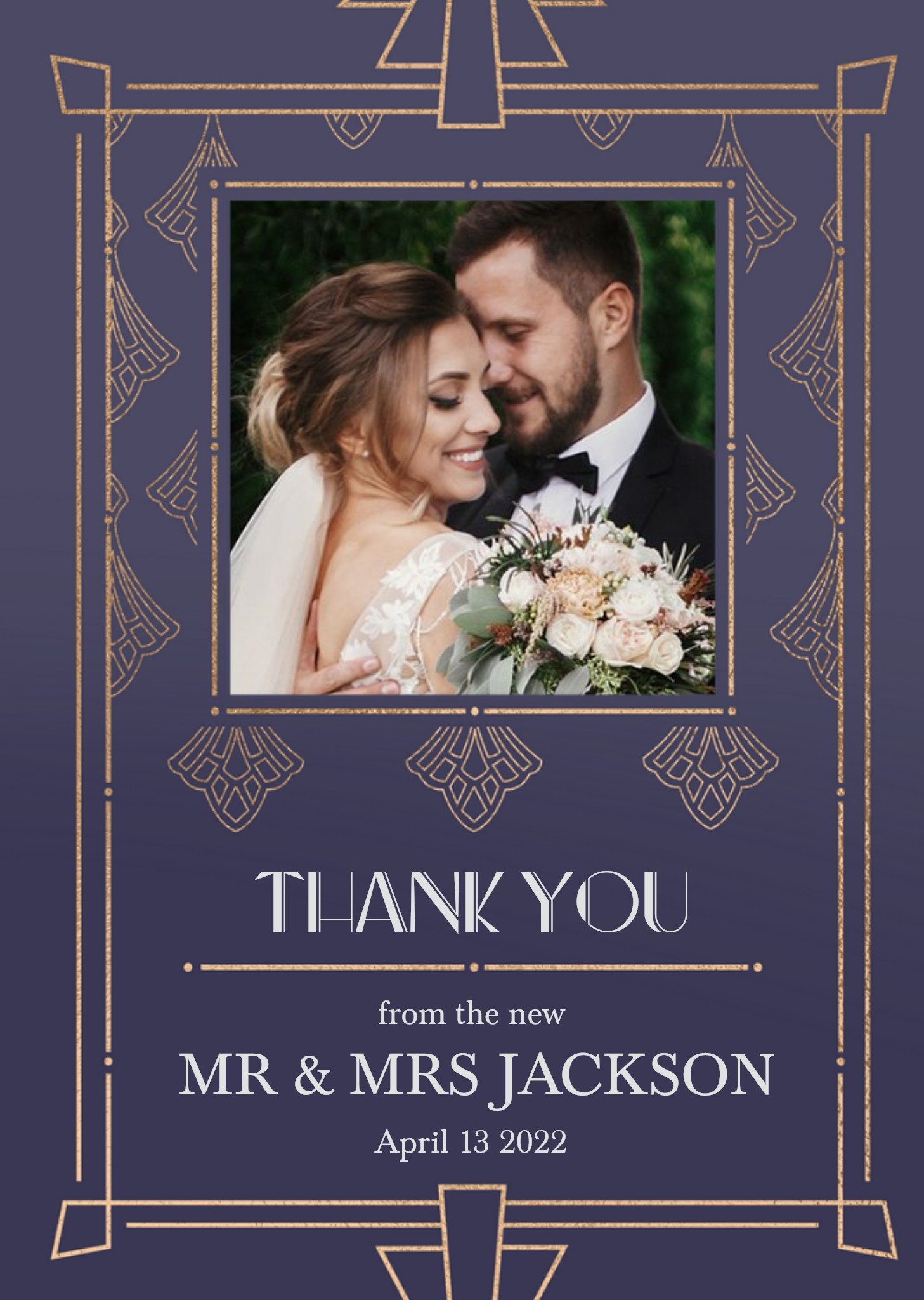 Art Deco Geometric Pattern Photo Upload Wedding Thank You Card, Standard