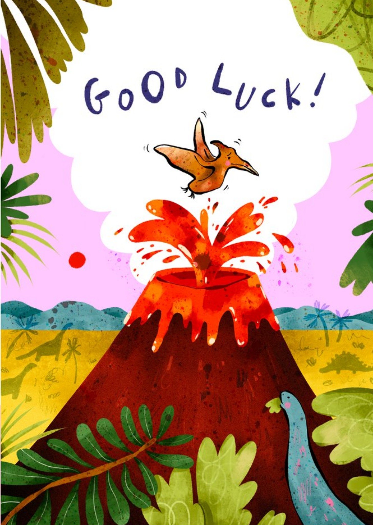 Illustrated Pterodactyl Volcano Prehistoric Good Luck Card Ecard