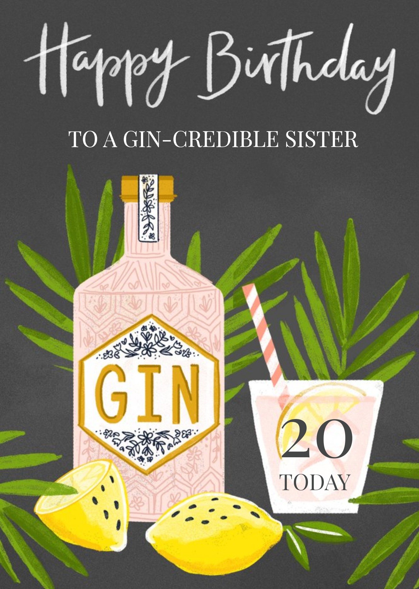 Okey Dokey Design Okey Dokey Illustrated Gin Bottle Gintastic Sister 20th Birthday Card, Large