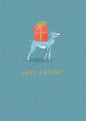 Modern Cute Blue Dog Carrying Present Birthday Card