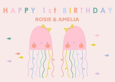LR Studio Cute Illustrated Jellyfish Trendy Twins 1st Birthday Card