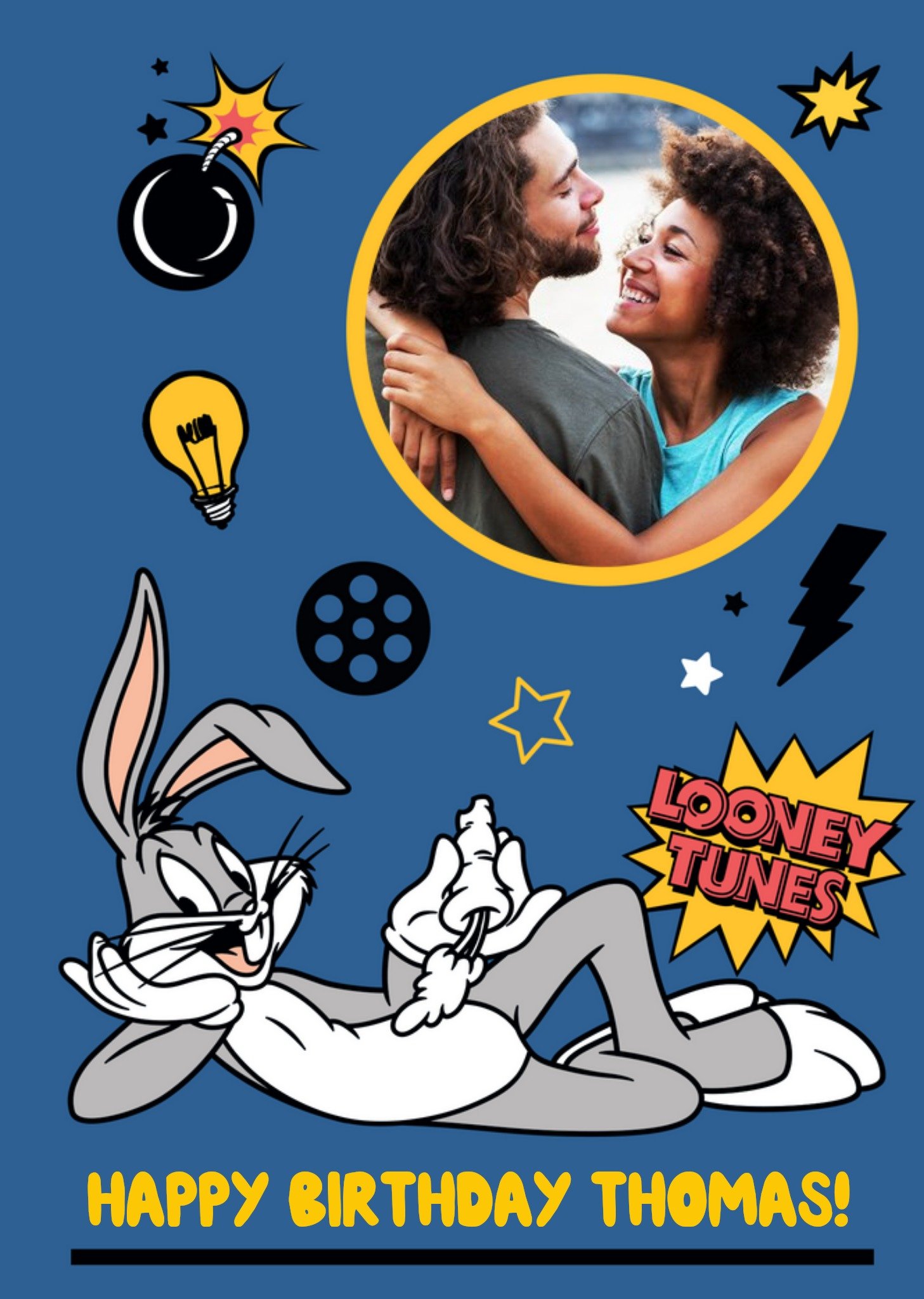 Looney Tunes Bugs Bunny Personalised Text Photo Upload Birthday Card. Ecard