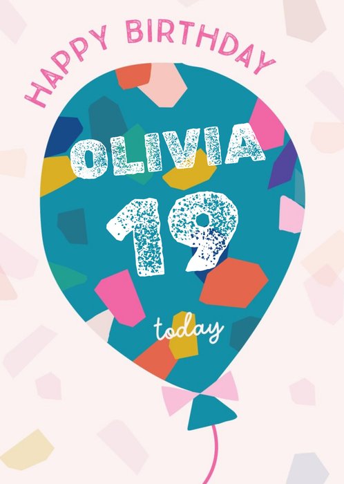 Fun Illustration With Giant Balloon And Confetti Personalised Name Teen Birthday Card