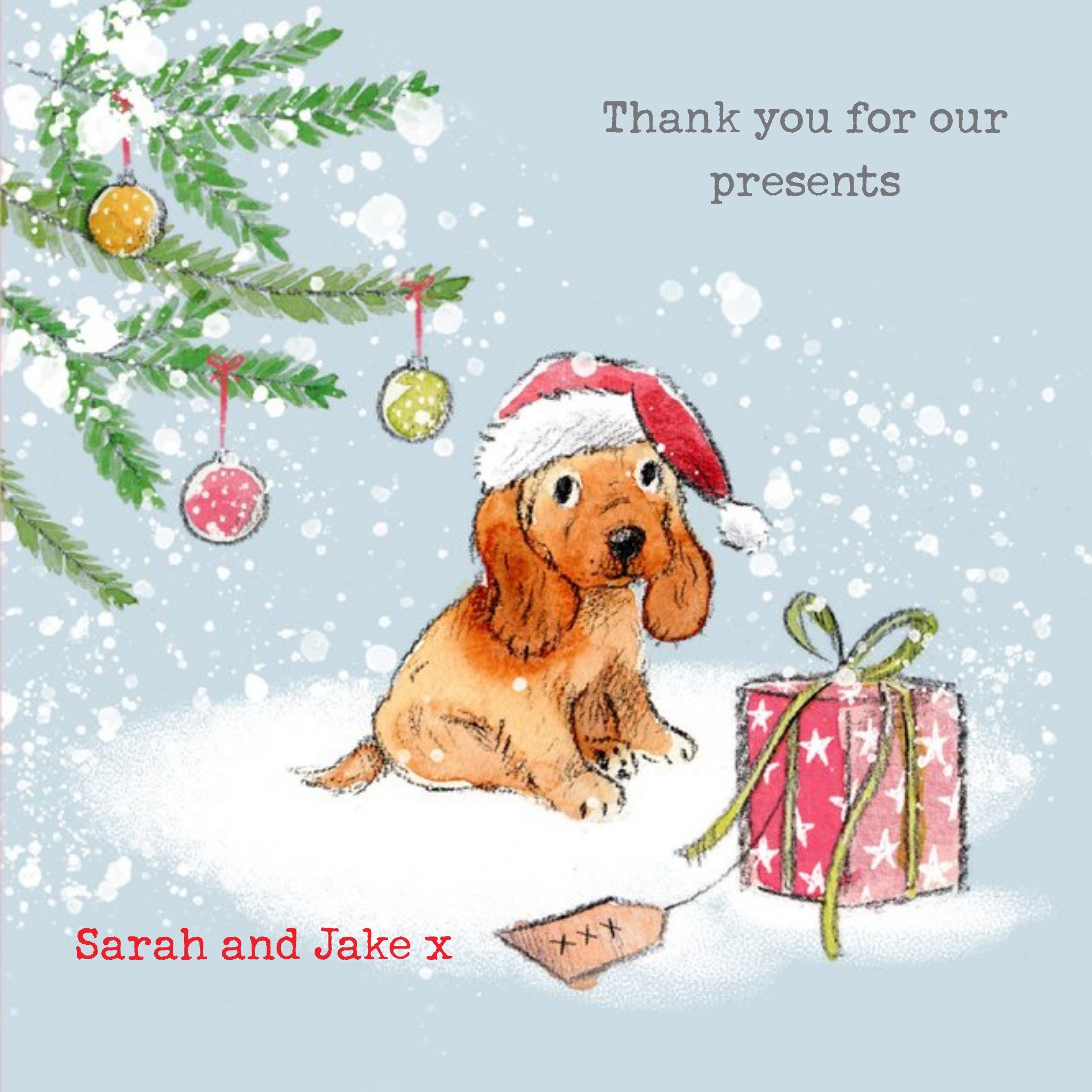 Illustration Of A Cute Puppy Sitting By A Christmas Tree With A Present Christmas Card, Square