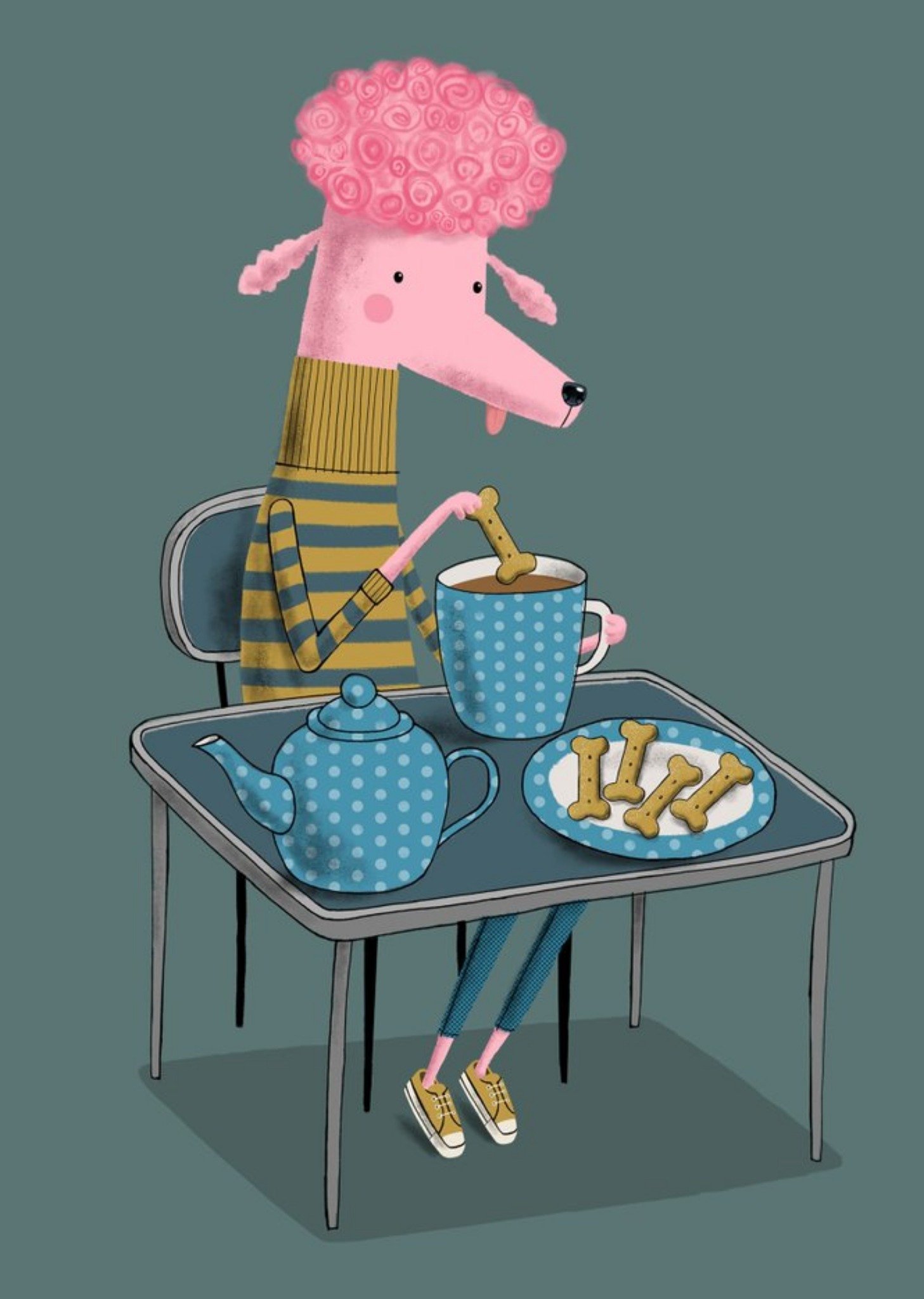 Moonpig Modern Cute Illustration Poodle Drinking Tea Card, Large