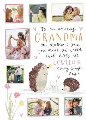 Cute Illustration Of Hedgehogs Among Flowers Grandma's Photo Upload Mother's Day Card